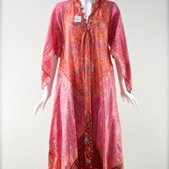 1970's India Hand Blocked Long Caftan Maxi Dress - Picture 2 of 5